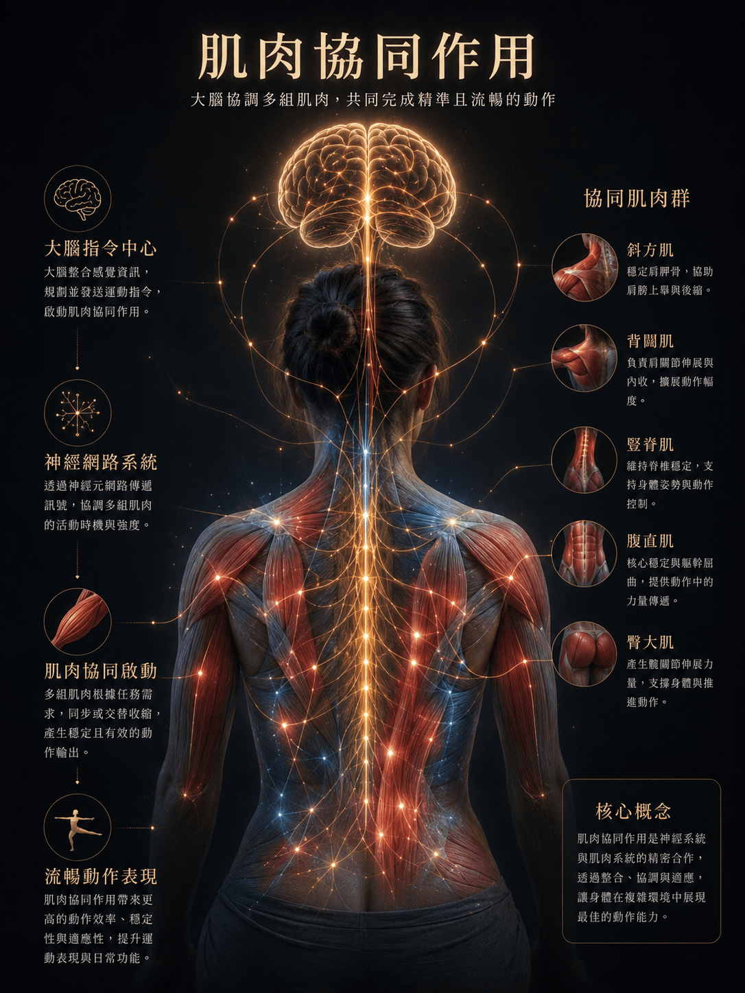 肌肉協同作用是神經系統與肌肉透過系統透過整合、協調與適應，讓身體展現最佳的動作能力